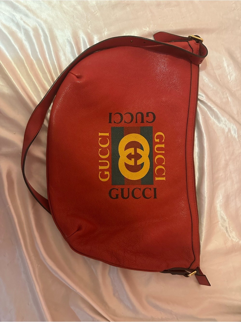 Gucci Red Leather Messenger Bag with Yellow Logo